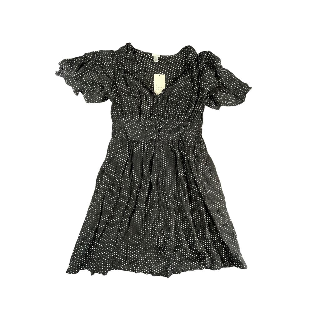 A New Day Dress Womens Small Black Short Sleeve V Neck Buttons Polka Dot NWT